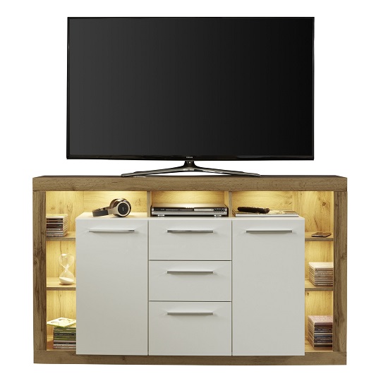 Photo of Monza wooden tv sideboard in wotan oak and white with led